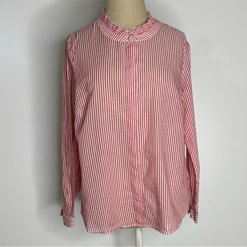 Talbots Ruffle Band Collar Cotton Red and White Stripe Top Blouse Size MP